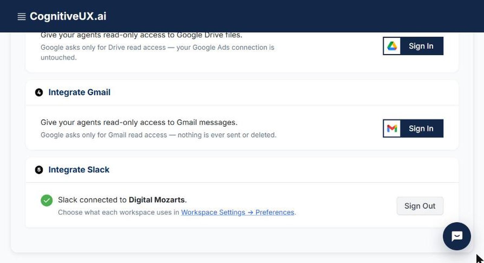 CognitiveUX AI Settings → Integrations page showing the "5. Integrate Slack" tile connected to a Slack workspace, with a Sign Out button