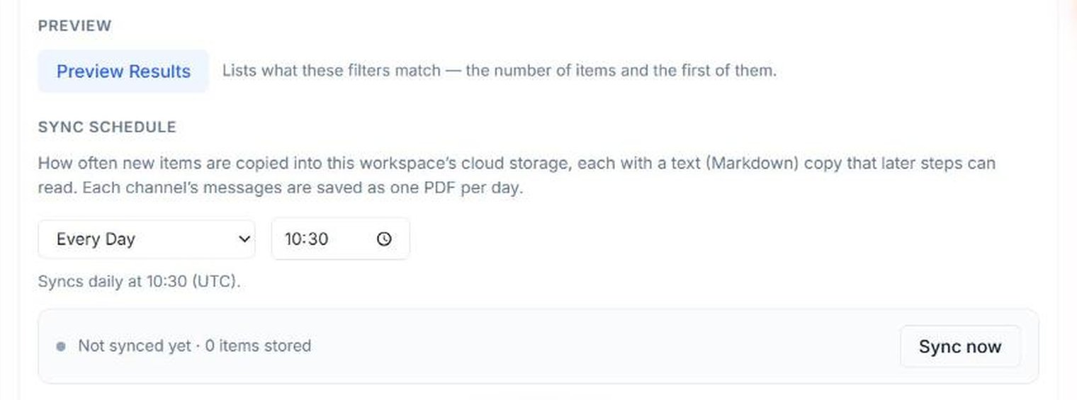 Preview Results button and sync schedule settings set to every day at 10:30 UTC, with a Sync now button